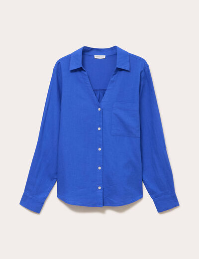Chemise lin col V manches longues bleu electrique femme