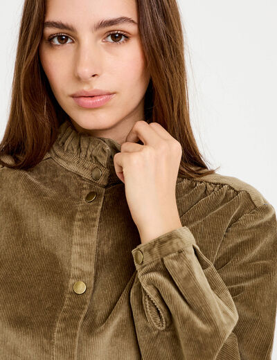 Chemise droite velours col montant vert kaki femme