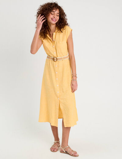 Robe chemise midi contenant du lin jaune femme