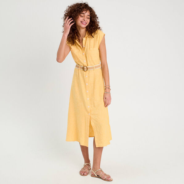 robe chemise midi contenant du lin jaune femme Robe chemise midi contenant du lin jaune femme