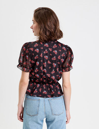 Blouse col V manches courtes noir femme