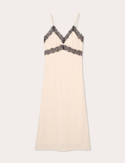 Robe longue ajustée dentelle sable femme