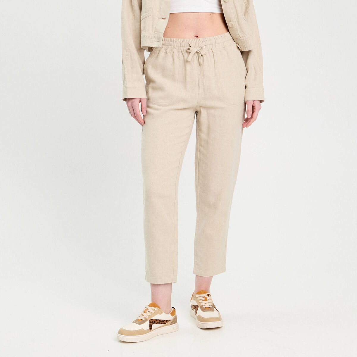 Pantalon carotte contenant du lin beige femme