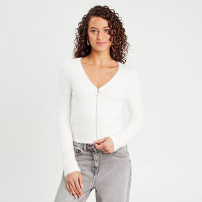 Gilet zippé mailles duveteuses ecru femme