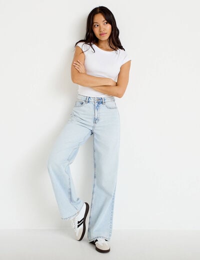 Jeans wide leg taille haute denim bleach femme