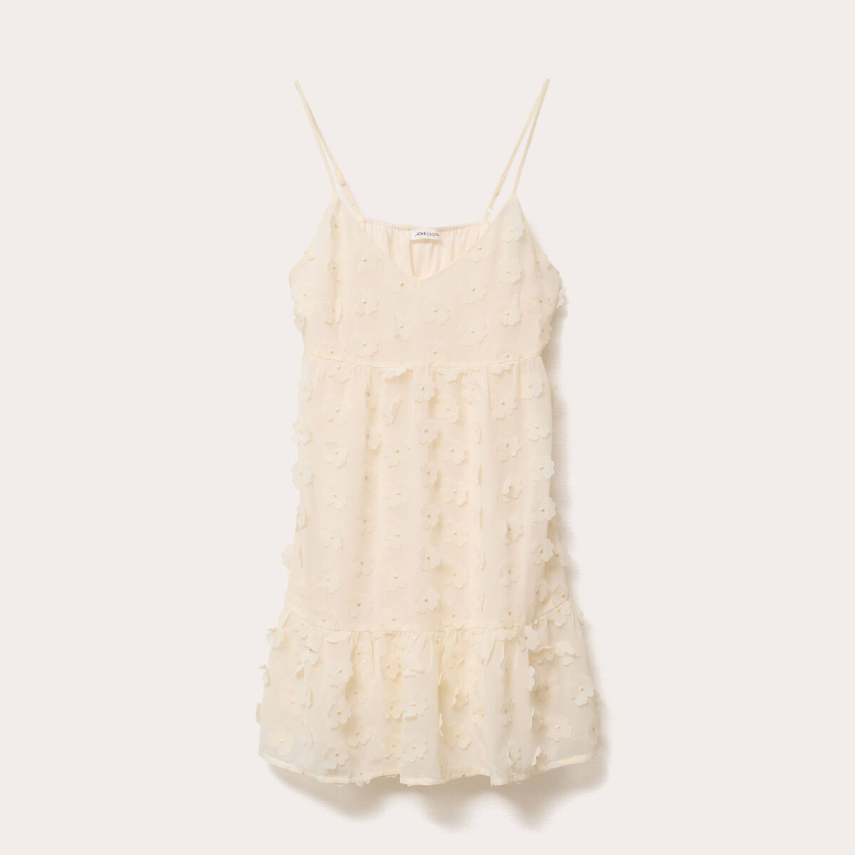 Robe courte évasée col v à bretelles ecru femme