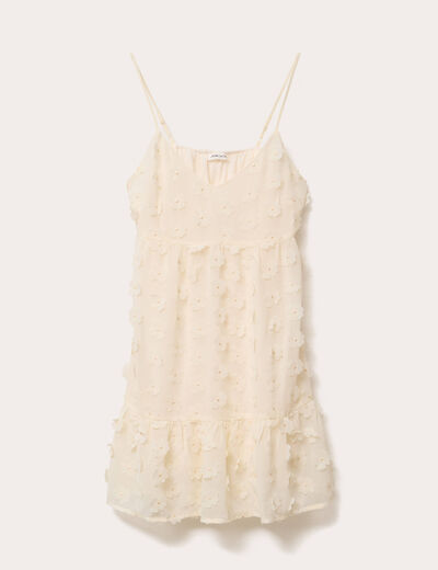 Robe courte évasée col v à bretelles ecru femme