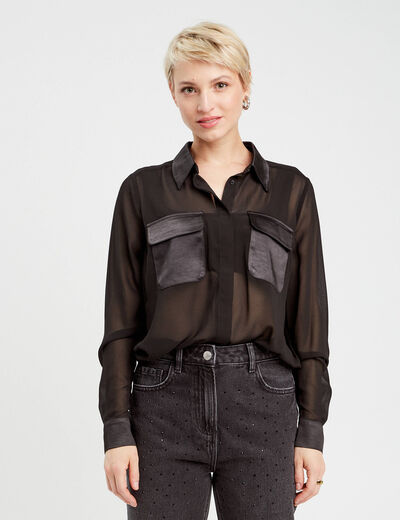 Chemise poches en satin noir femme