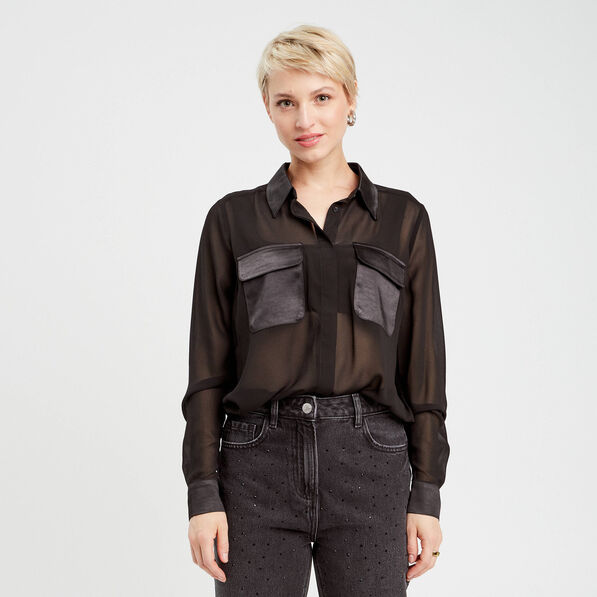 chemise poches en satin noir femme Chemise poches en satin noir femme