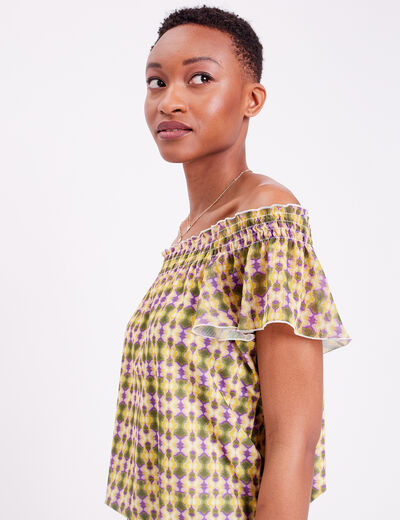 T-shirt manches courtes smocké vert femme