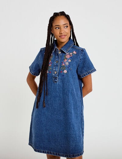 Robe droite courte en jean col chemise denim stone femme