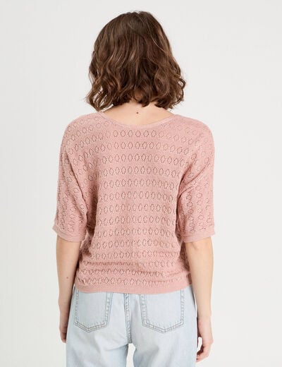Pull ajouré manches 3/4 rose pastel femme