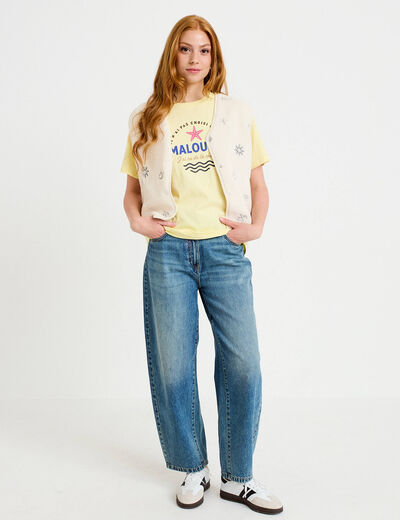 T-shirt col rond manches courtes jaune pastel femme