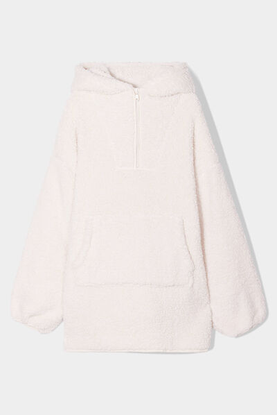 Poncho laine mouton à capuche ecru femme