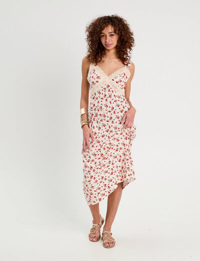 Robe longue évasée dentelle blanc femme