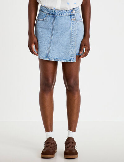 Jupe-short trap&egrave;ze en jean denim triple stone femme