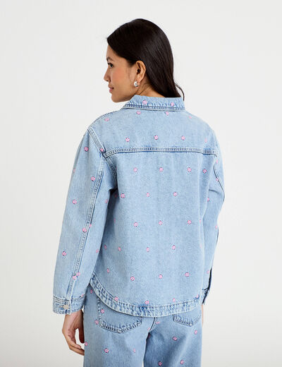 Surchemise denim broderies fleurs bleu fonc&eacute; femme