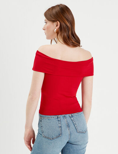 T-shirt col bardot rouge femme