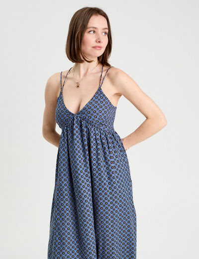 Robe longue évasée bretelles bleu pétrole femme