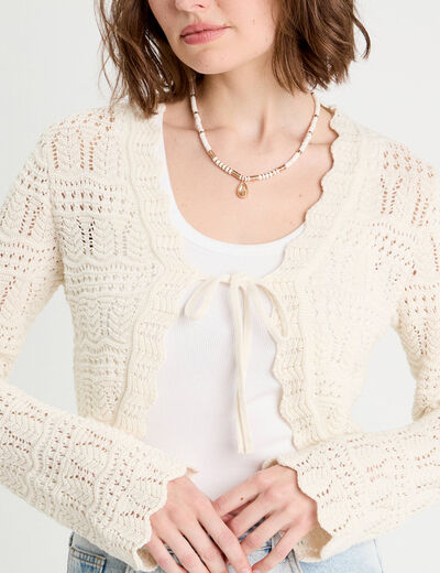 Gilet ajouré noué ecru femme