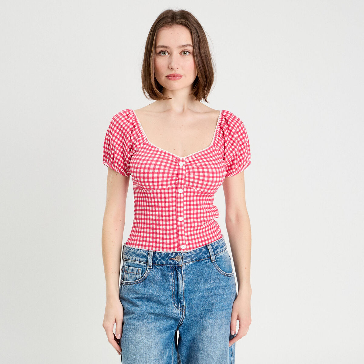 Blouse cropped rose framboise femme