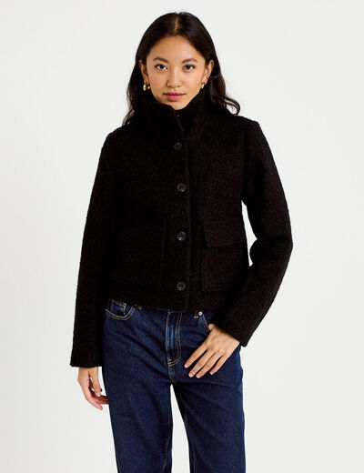 Veste droite bouclette col montant noir femme
