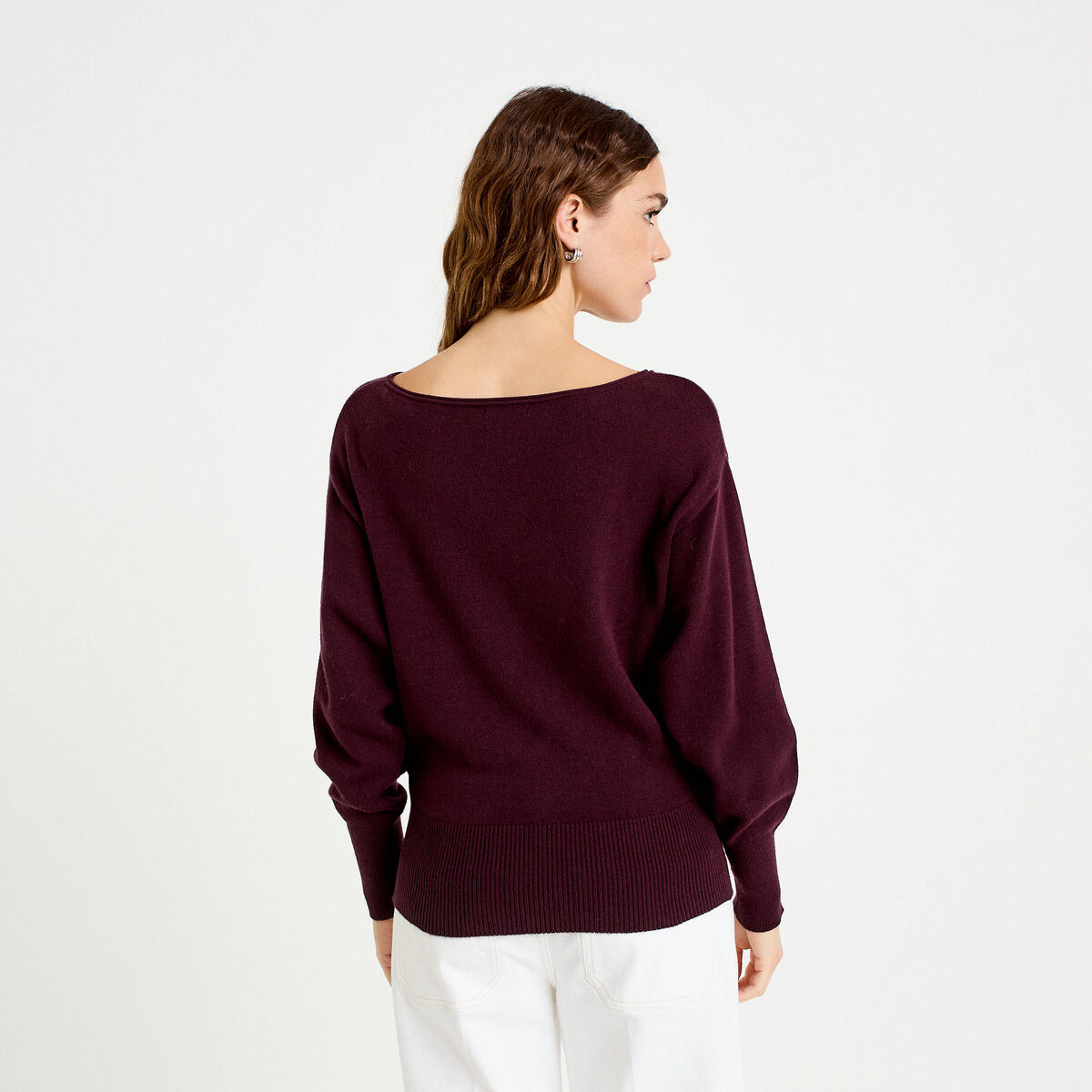 Pull oversize col bateau manches longues prune femme
