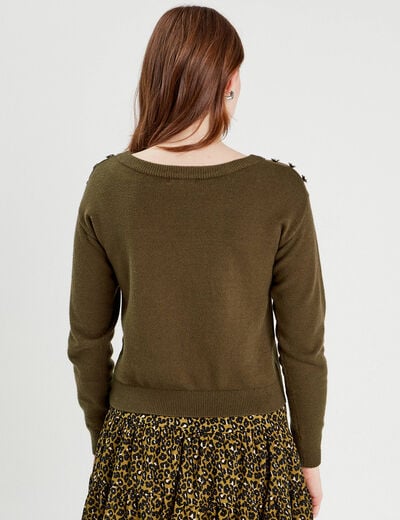 Pull avec boutons épaules vert kaki femme
