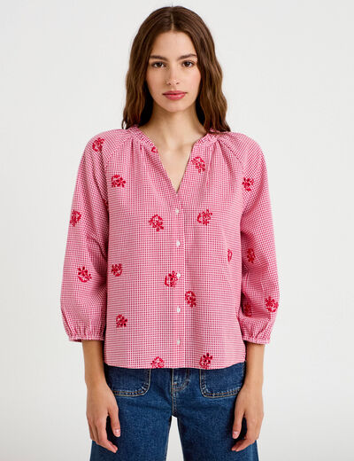 Blouse col v manches 3/4 broderie rouge femme