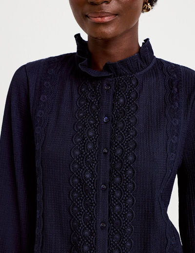 Blouse droite col montant dentelle bleu marine femme