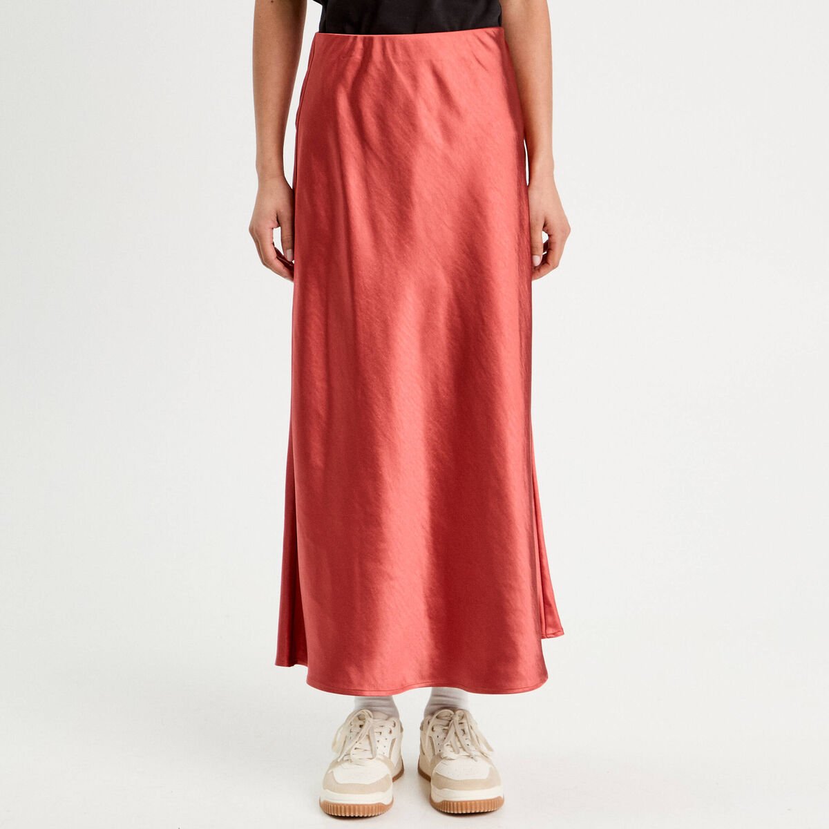 Jupe midi droite effet satin vieux rose femme