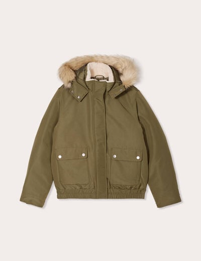 Parka à capuche fausse fourrure vert kaki femme