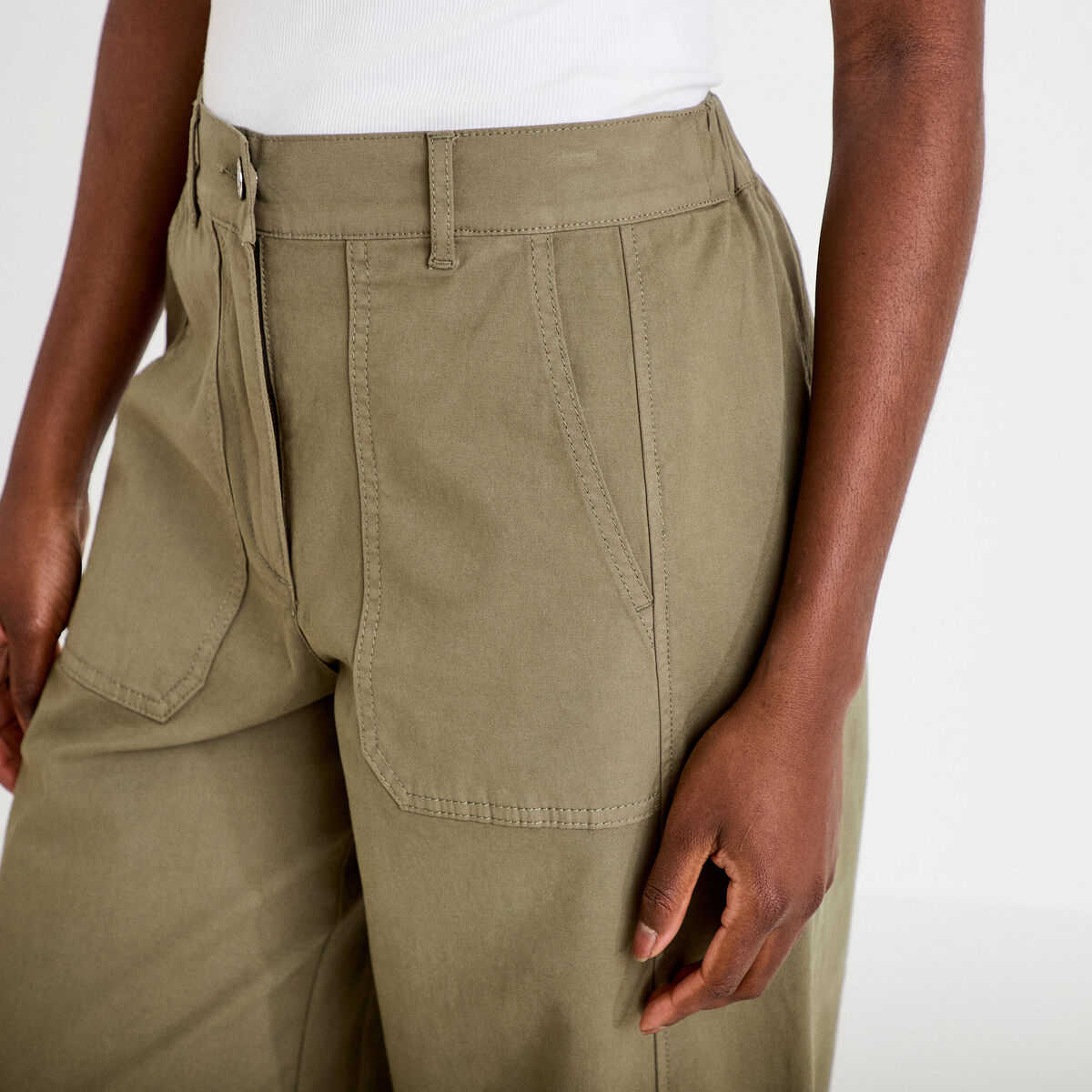 Pantalon barrel taille haute vert kaki femme