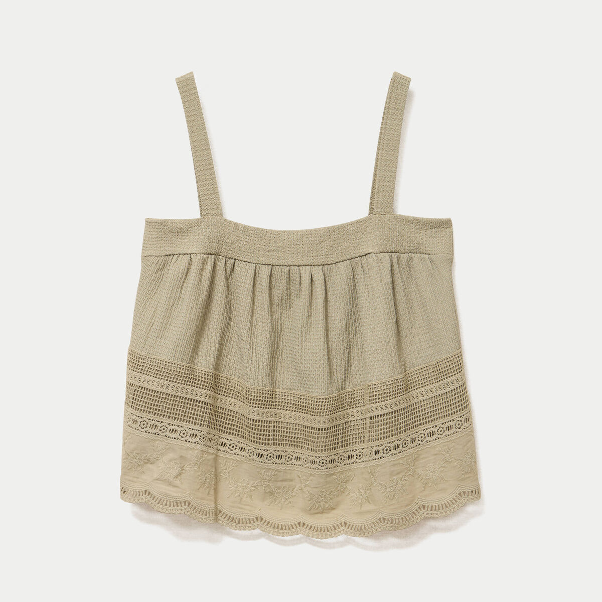 Top &agrave; bretelles broderie vert kaki femme