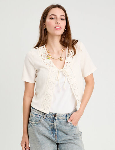Blouse manches courtes nouée ecru femme