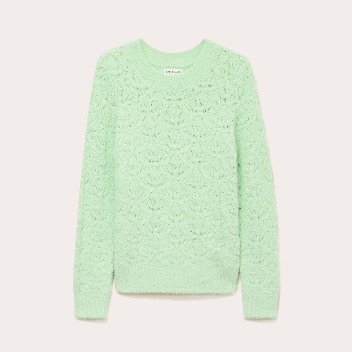 Pull ajour&eacute; col rond manches longues vert pastel femme