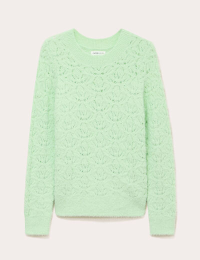 Pull ajour&eacute; col rond manches longues vert pastel femme