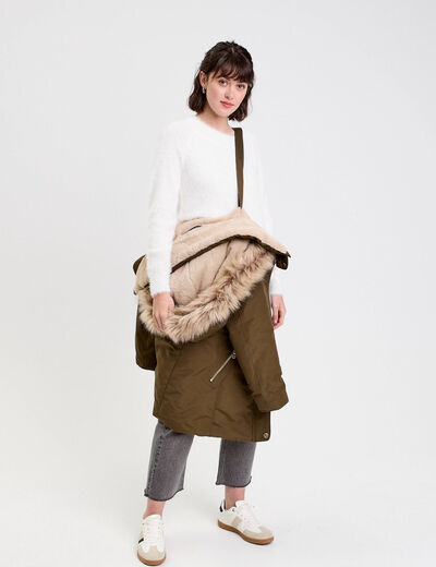 Parka droite avec capuche vert kaki femme