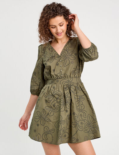 Robe évasée brodée vert kaki femme
