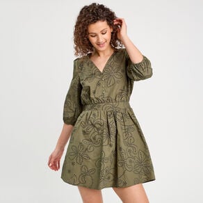 robe evasee brodee vert kaki femme Robe évasée brodée vert kaki femme
