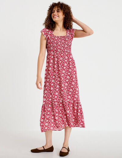 Robe longue &eacute;vas&eacute;e smock&eacute;e rouge femme