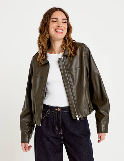 Veste effet boule manches longues vert kaki femme