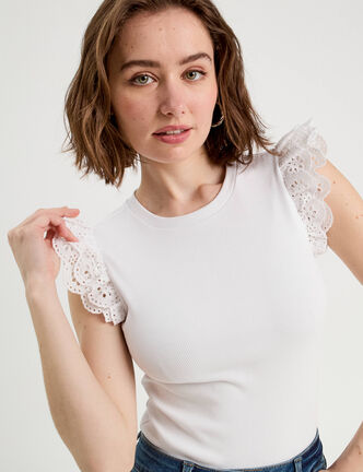 Débardeur volants brodés blanc femme