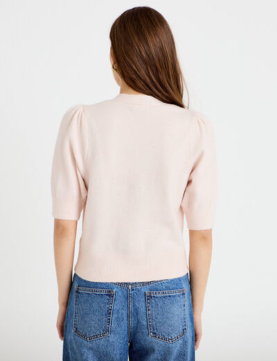Pull manches courtes boutons brod&eacute;s rose clair femme