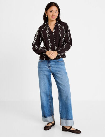 Blouse droite col am&eacute;ricain broderie noir femme