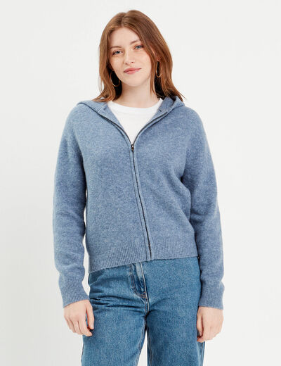 Gilet manches longues capuche bleu femme