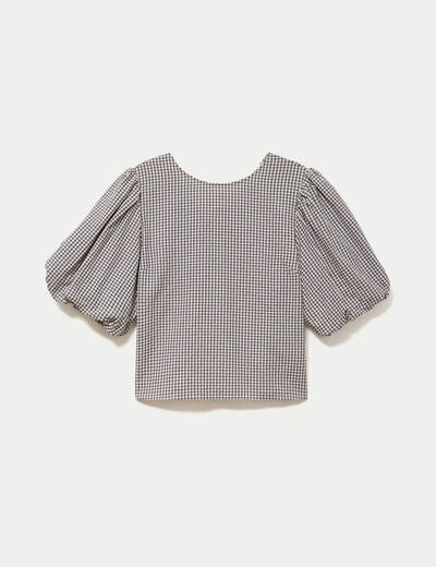 Blouse effet boule manches courtes bleu femme