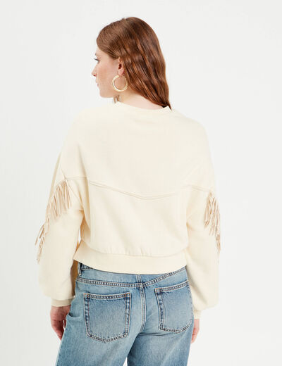 Sweat avec franges ecru femme