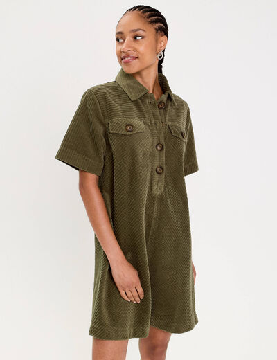 Robe courte droite en velours coton vert kaki femme