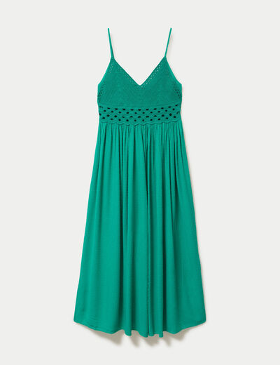 Robe longue bi-mati&egrave;re col v vert femme